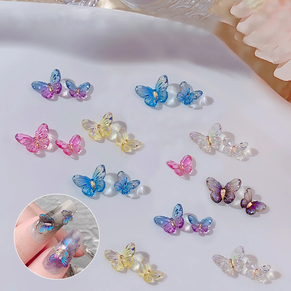 60Pcs Mixed Colors Crystal Butterfly Nail Art Charm Aurora Sparkling Gradient Butterfly Nail Decoration DIY Cute Nail Ornament