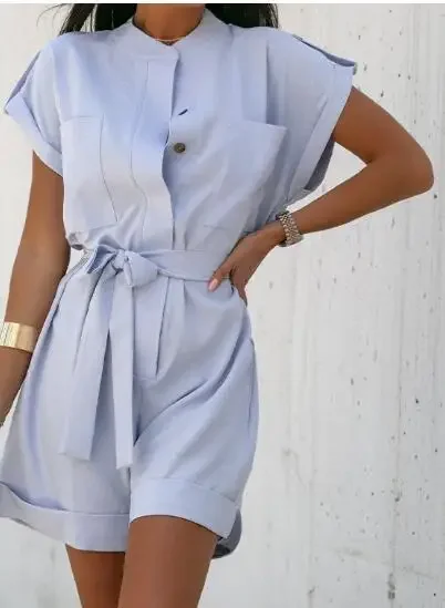 

Casual Cotton and Linen Short Jumpsuits Women Summer Playsuits Women Strappy Romper Overalls Single-breasted Big Pocket Rompers