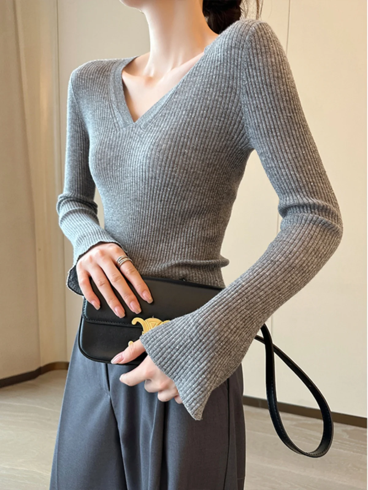 

Ay V-Ne Long Sve вязаный свитер женский модный универсальный осенний Новое поступление облегающий шерстяной свитер для поездок на работу