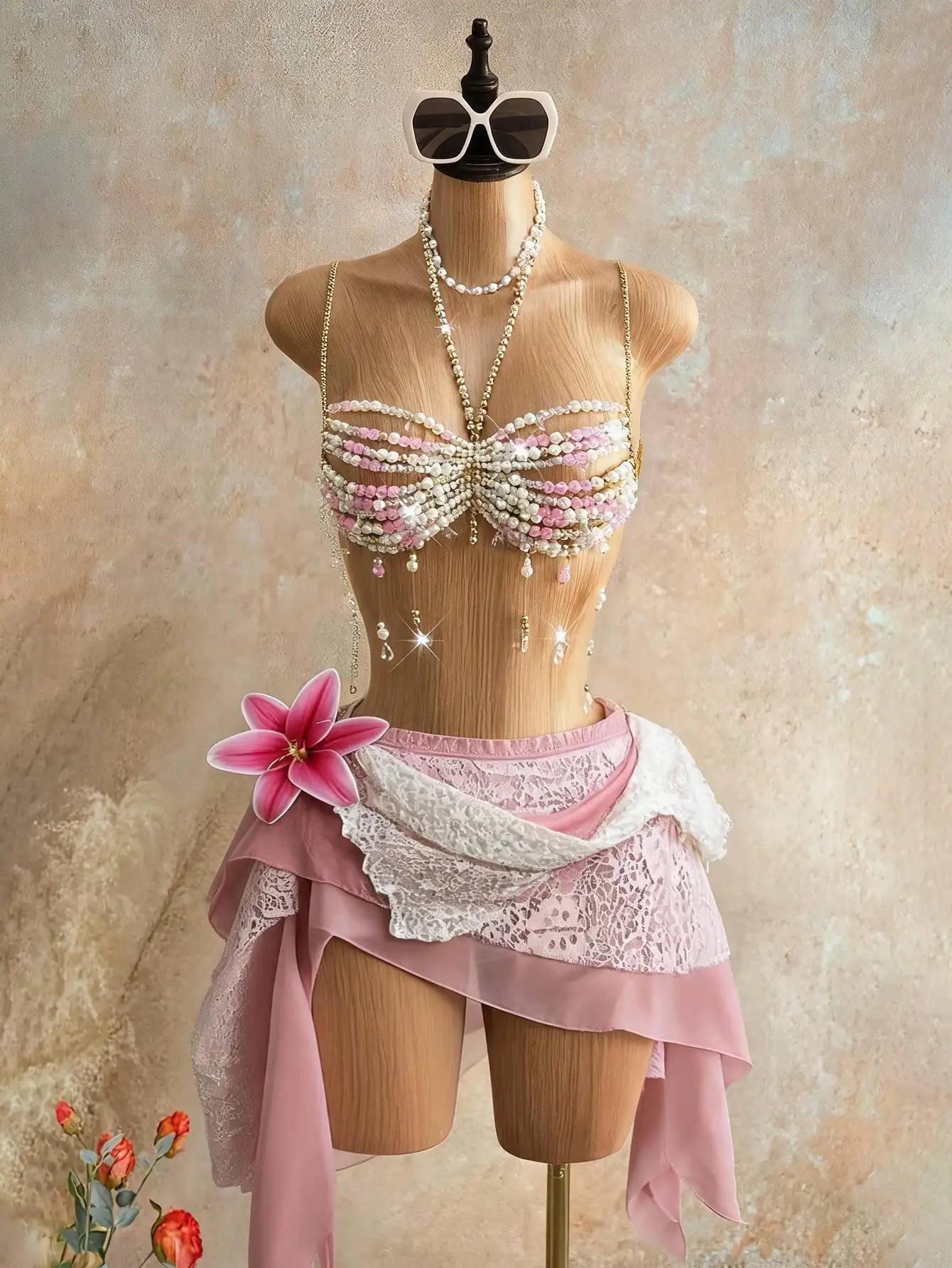 Women's White And Pink Summer Camisole Top, Seductive Belly Dancer, Rave Island Beach Resort Dance, Theatre Burlesque Showgirl