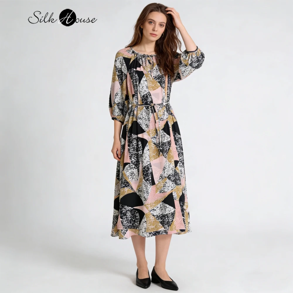 Women's Casual Summer New Color Blocking Loose 100% Natural Mulberry Silk Crepe De Chine Round Neck Vacation Style Dress
