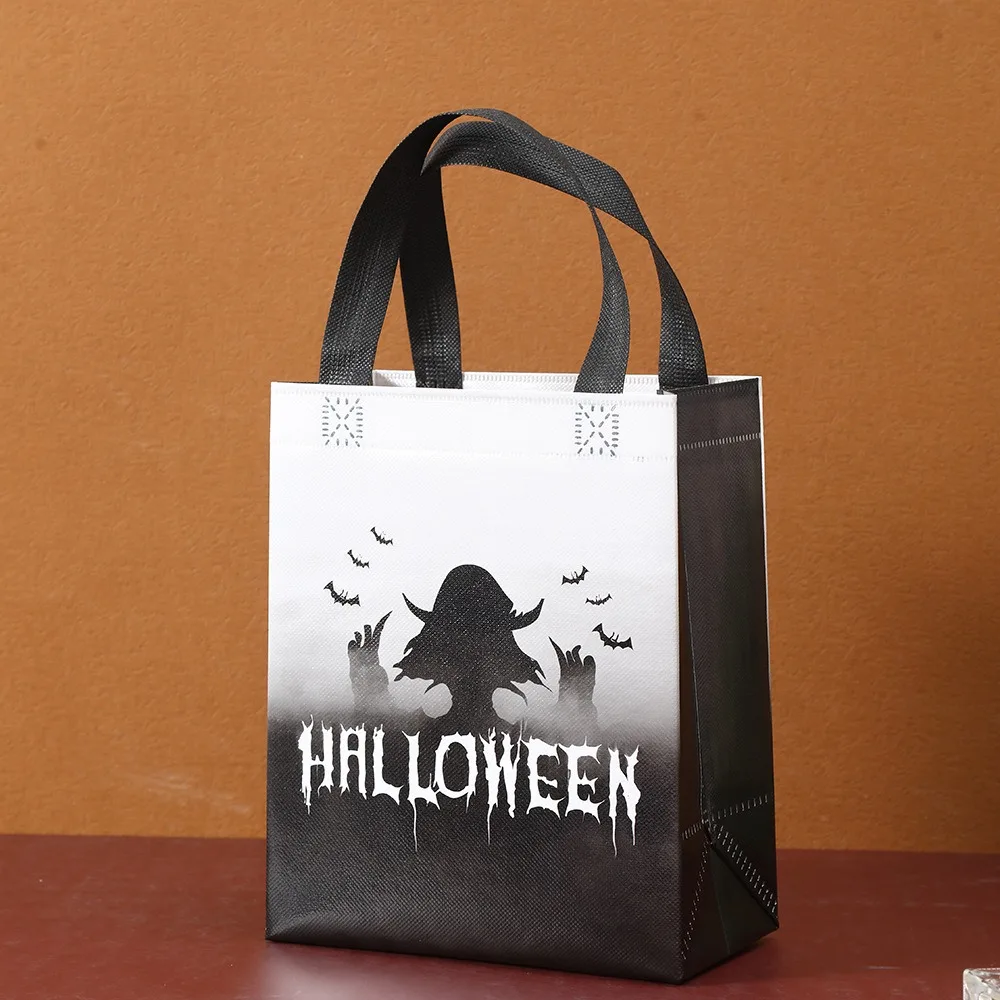 Bolso de mano no tejido con estampado de diablo para Halloween, bolsa de regalo de gran capacidad con diseño creativo de murciélago de dibujos animados y calabaza para compras