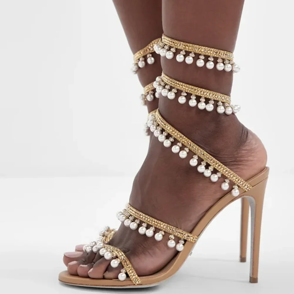 

Pearl Crystal Snake Twine Runway Sandals Sexy Pointed Toe Thin Heel Customized Accept New Arrivals Fashion Women Runway Shoes