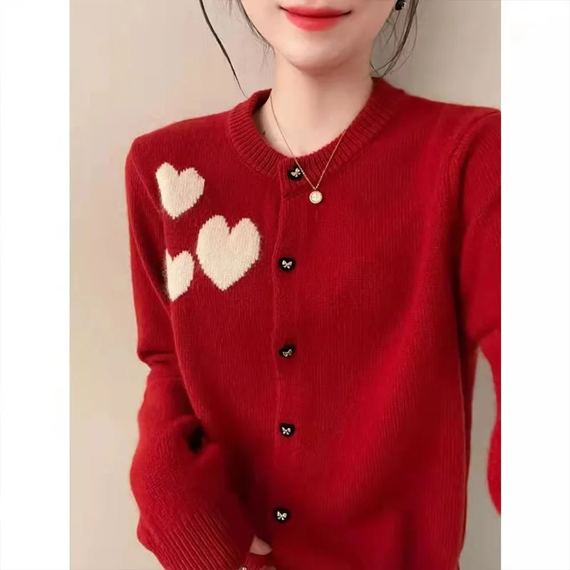 Women\'s Clothing Fashion LOVE Knit Long Sleeves Cardigan Spring Autumn New Elegant Chic Button All-match O-neck Sweaters Coats