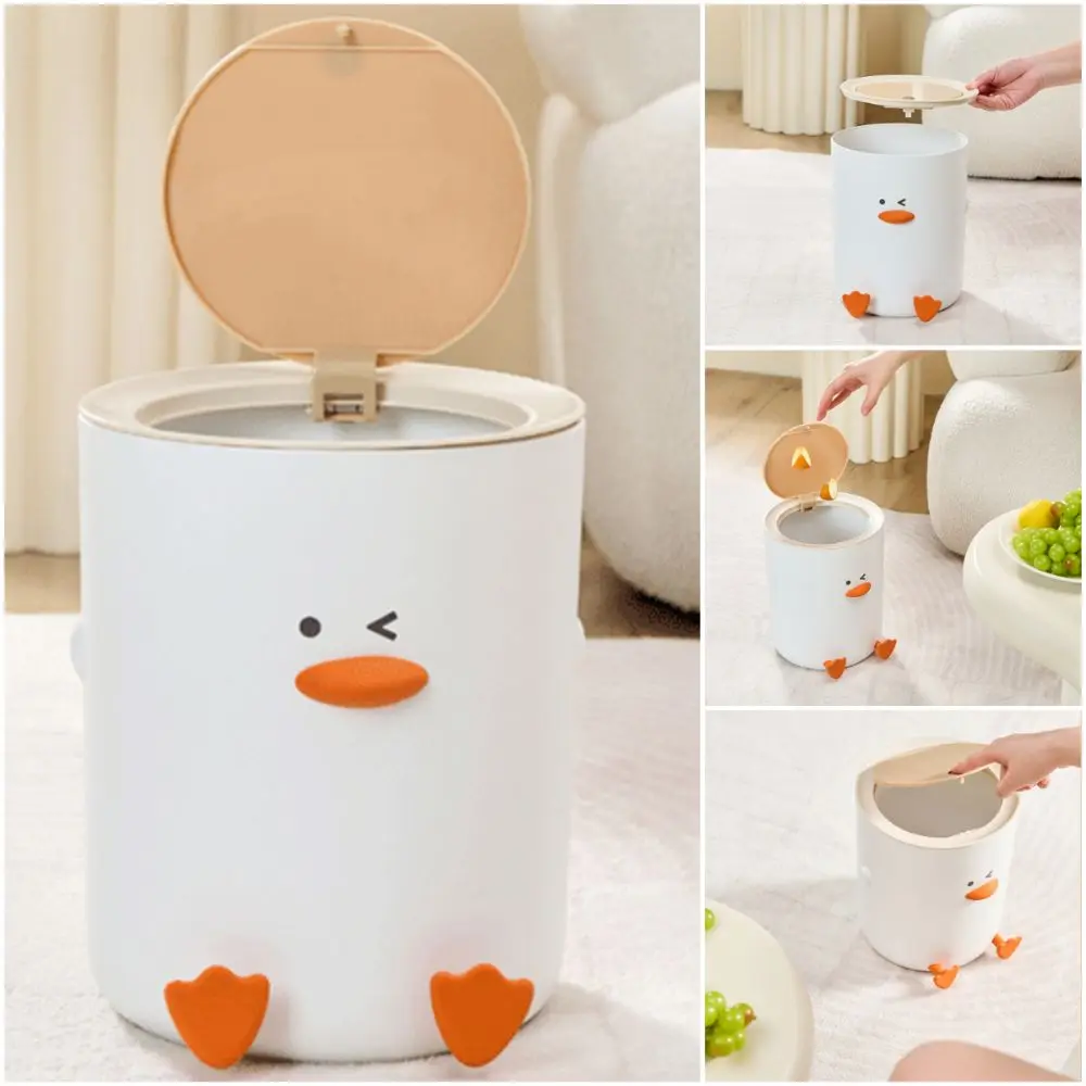 Modern Style Cartoon Duck Press Trash Can Funny Design with Lid Waste Bin White 12L Capacity Wastebasket Versatile