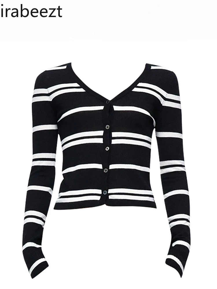 Design Sense Niche Micro Transparent Lace Back Splicing Striped Knit Cardigan Women's Autumn Pure Wind V-neck Slim Top