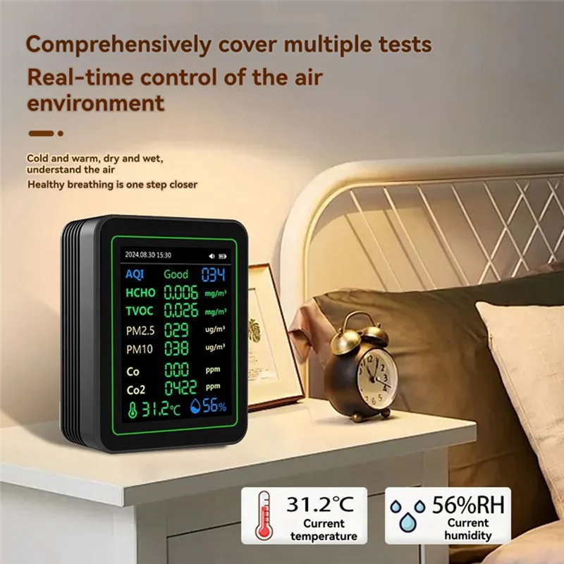 

A93E-12 In 1 Air Quality Tester Temperature/Humidity /Time/CO/CO2/Curve/TVOC/AQI/PM2.5/PM10/Formaldehyde With Bracket