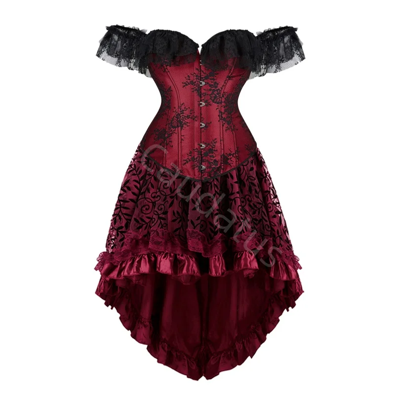 

Red Corset Dress Tutu Skrits Set Overbust With Lace Sleeved Costume Party Sexy Burlesque Basques Outfit Vintage Red Plus Size