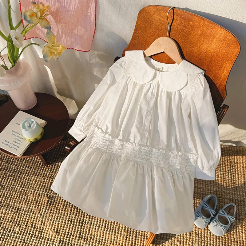 2026 Autumn New Korean Style Girls Solid Dress Petal Collar Long Sleeve Smocked Baby Girls White Dress