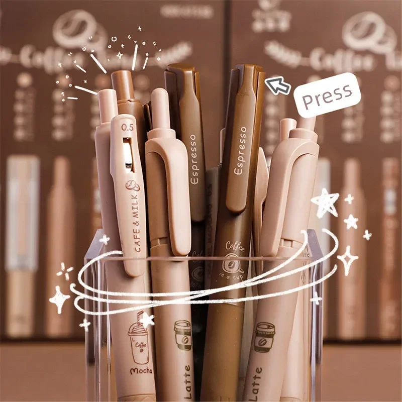 6pcs/set Lovely Gel Pen Coffee Color Series Kawaii Cartoon Bear Stationery Gel Pen 0.5mm Black Ink Gel Pen Cute Student Supplies