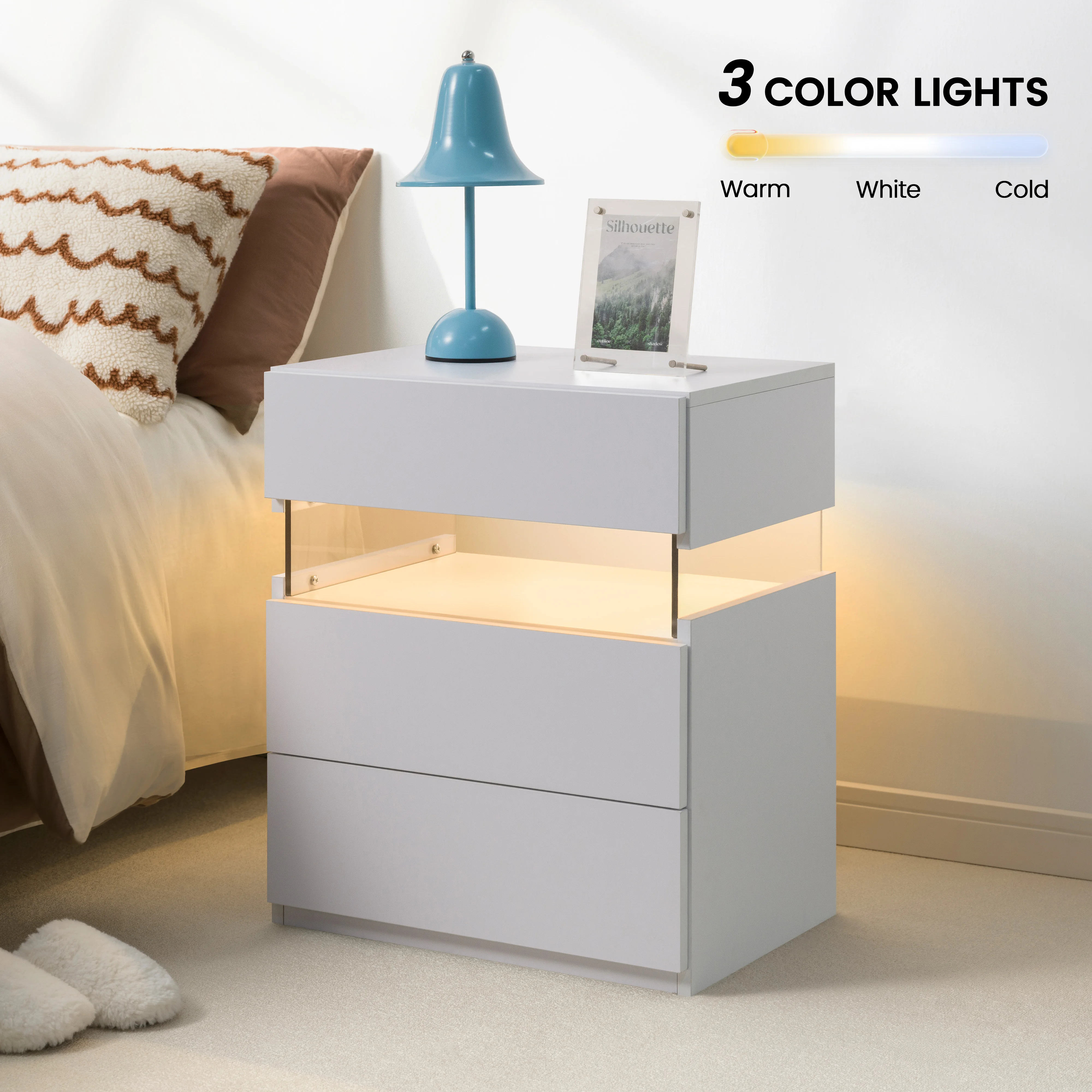 Cubehom LED Bedside Tables with LED Light End Table with Acrylic Modern Bedside with 3 Drawers for Bedroom, Living Room