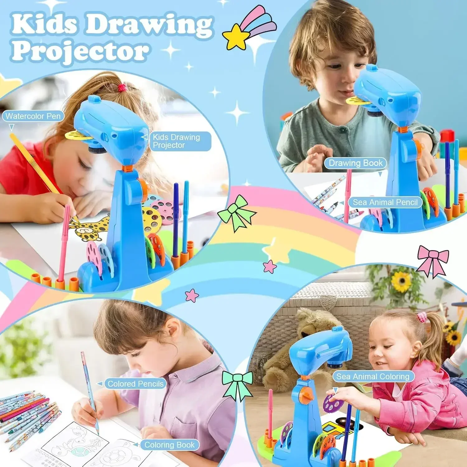 Kit d'art et d'artisanat Projecteur de dessin pour enfants, comprenant des crayons de couleur, des crayons, des livres de coloriage, un kit de dessin cadeau pour garçons et filles
