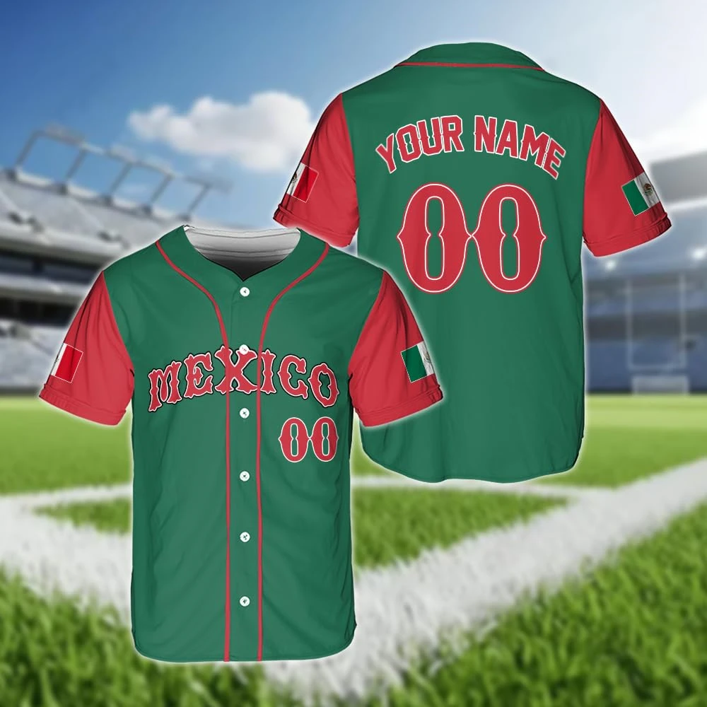 Nova Camisa de Beisebol Personalizada do México, Camisa Esportiva Latino-Americana de Manga Curta com Botões e Bandeira Mexicana para Nomes e Números de Equipes