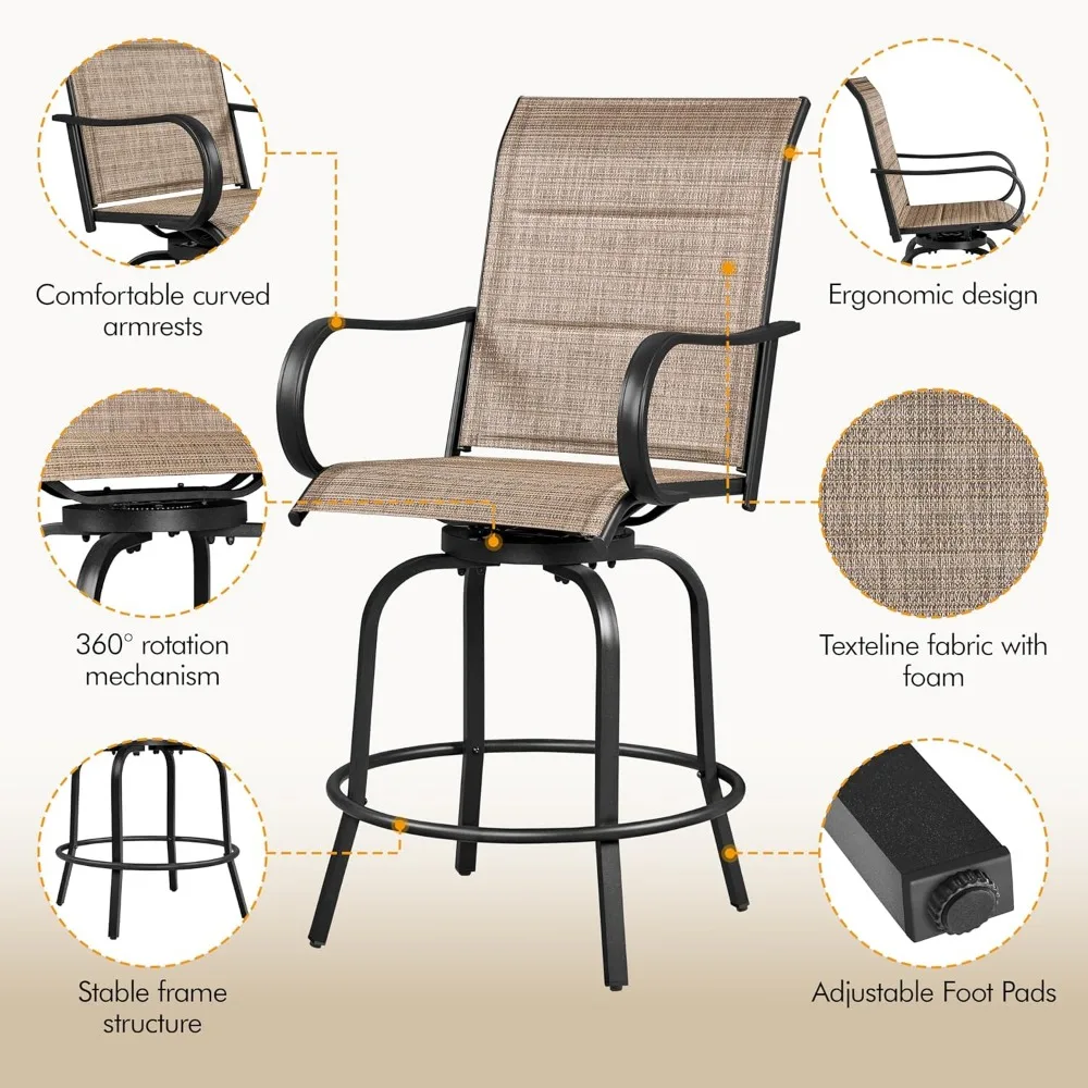 4피스 파티오 회전 바 의자 텍스타일 빌로토 의자(하이백/팔걸이/발판 포함), 전천후 패딩 처리된 야외 모피
