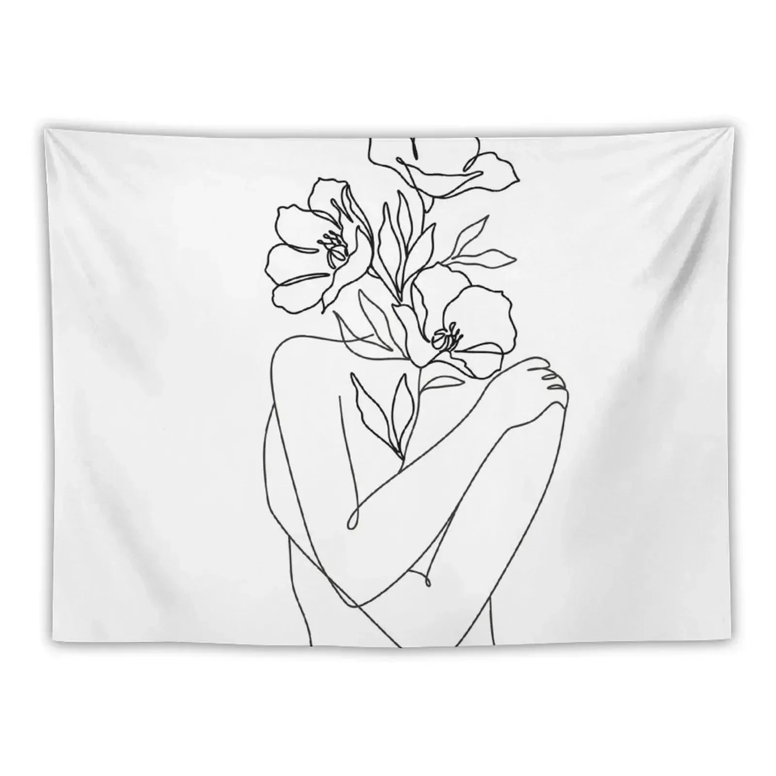 Flowers grow out Line Art Print. Woman With Flowers. Nude Line Art. Tapestry Aesthetic Room Decor Decoration Room Tapestry