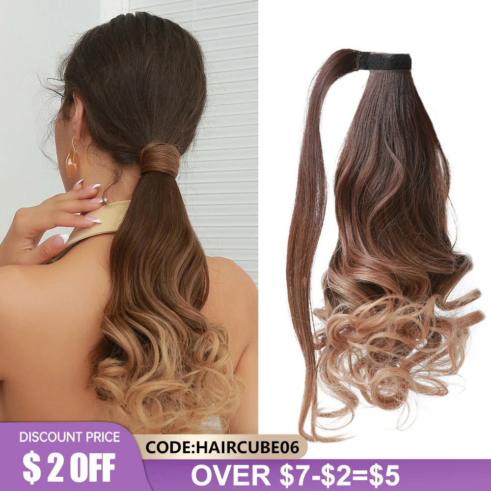 

Synthetic Wrap Around Clip In Ponytail For Women Long Wavy Ponytail Hairpiece Hair Extension Brown Ombre Heat Resistant Pony