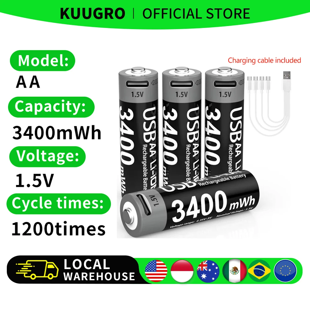 Kuugro USB AA 1.5V 3400mWh Type-C Rechargeable Lithium Battery for Hunting Camera Remote Control Mouse Smart Door Lock Toys