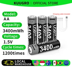 Kuugro USB AA 1.5V 3400mWh Type-C Rechargeable Lithium Battery for Hunting Camera Remote Control Mouse Smart Door Lock Toys