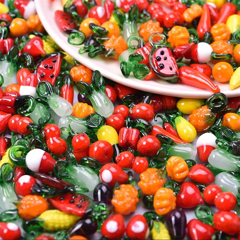 20pcs/Lot Charm High Quality Glass Fruit Vegetables Pendant Strawberry Cherry Pepper Corn Pendants For Jewelry Making Finding