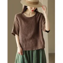 Women Summer Simplicity Loose Fashion Solid Color Cotton and Linen O-neck Short Sleeve T-Shirt Ladies Casual Appear Thin Top Tee