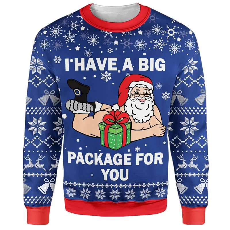 Full Print Funny Ugly Santa Claus Christmas Sweatshirts For Men Women Long Sleeve Crewneck Pullover Jumper Sweatshirt Hoodie