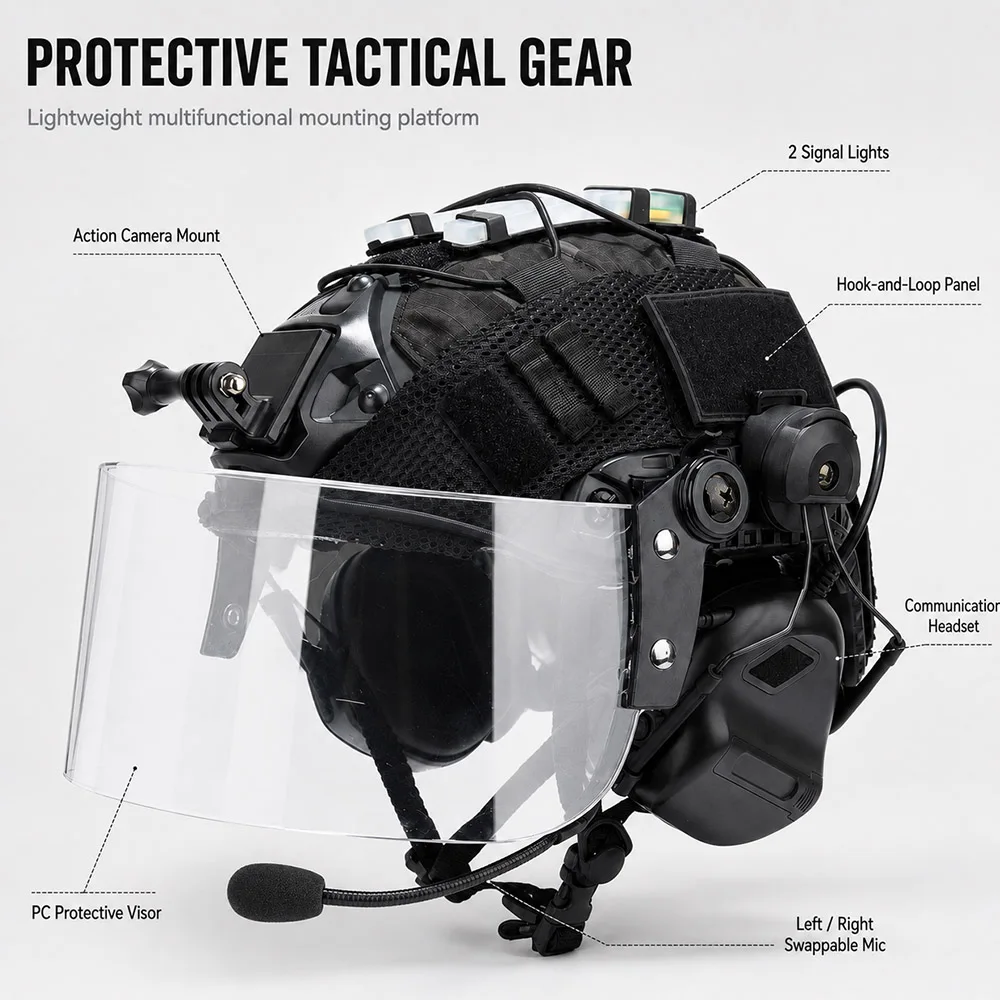 Tactical FAST Helmet Set with PC Visor Headset Camo Cover Signal Lights Camera Mount for Airsoft Training Cosplay Outdoor Gear