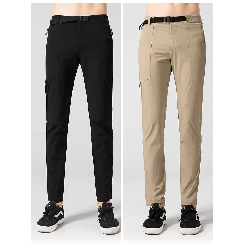 Inteligente casual calças de secagem rápida em linha reta magro ajuste cintura jogger coreano clássico preto masculino marca calças com cinto carga calças