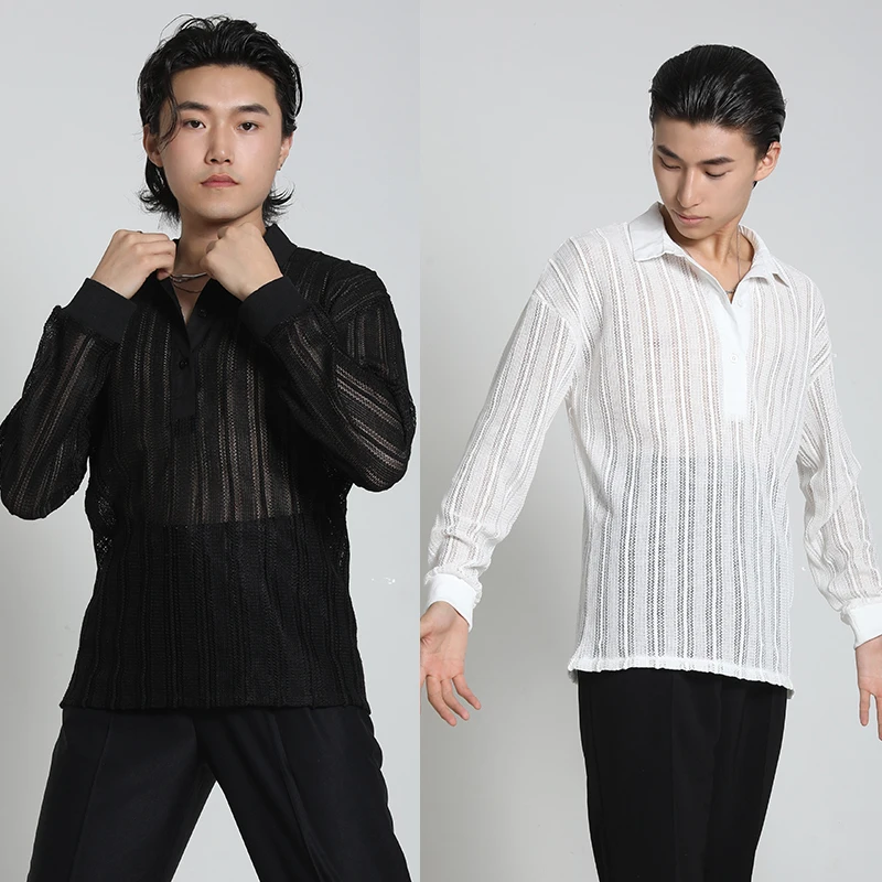 

Men Latin Dance Tops Adult Male Practice Clothing Long Sleeves See Through Performance Tops Salsa Ballroom Dance Clothes NV25515