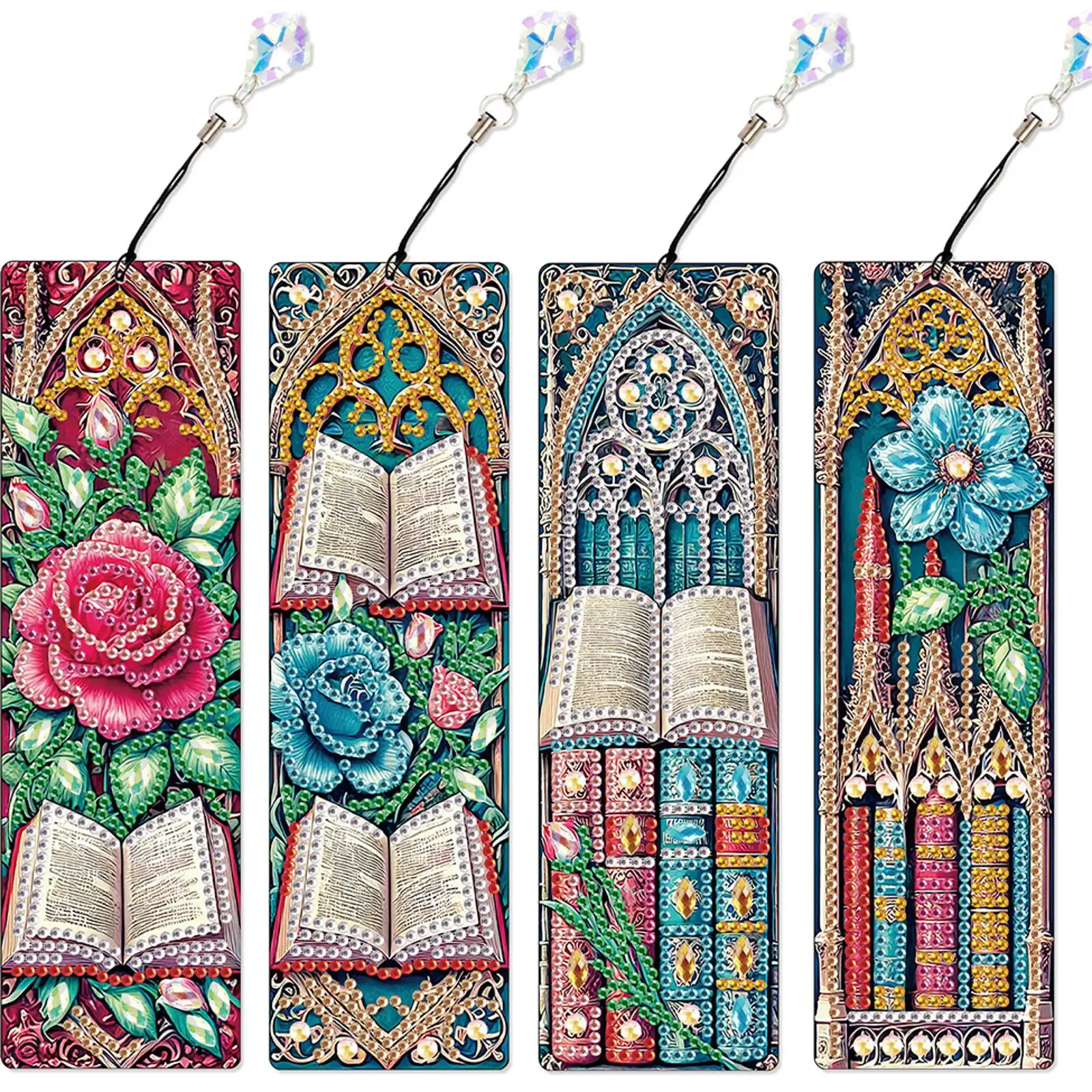 

Набор из 4 закладок для книг в форме цветов с алмазной вышивкой, DIY-наборы для алмазной живописи, алмазные закладки с подвесками