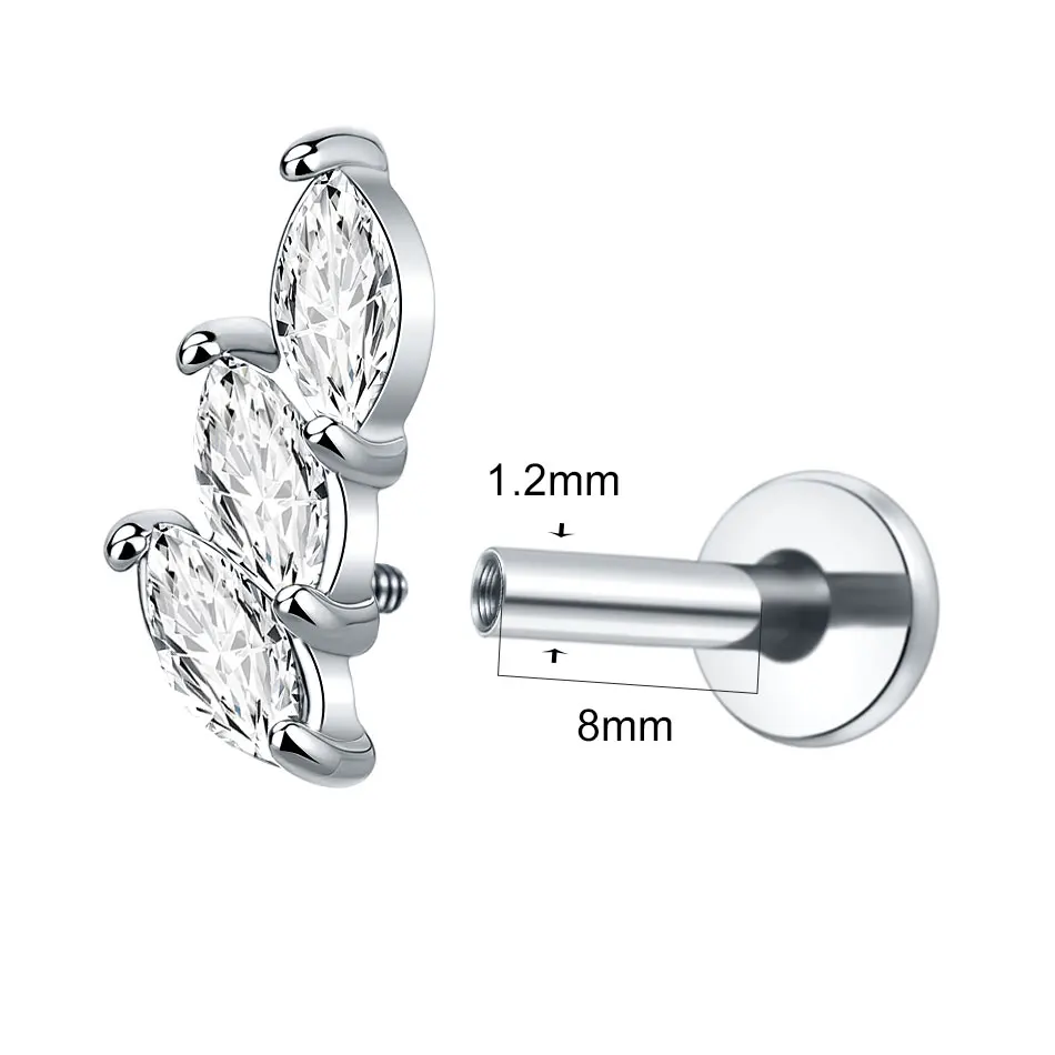 1/5PCS Steel Triple Marquise CZ Stud Earrings Internally Threaded Labret Monroe Lip Cartilage Helix Medusa Piercing Jewelry 16G