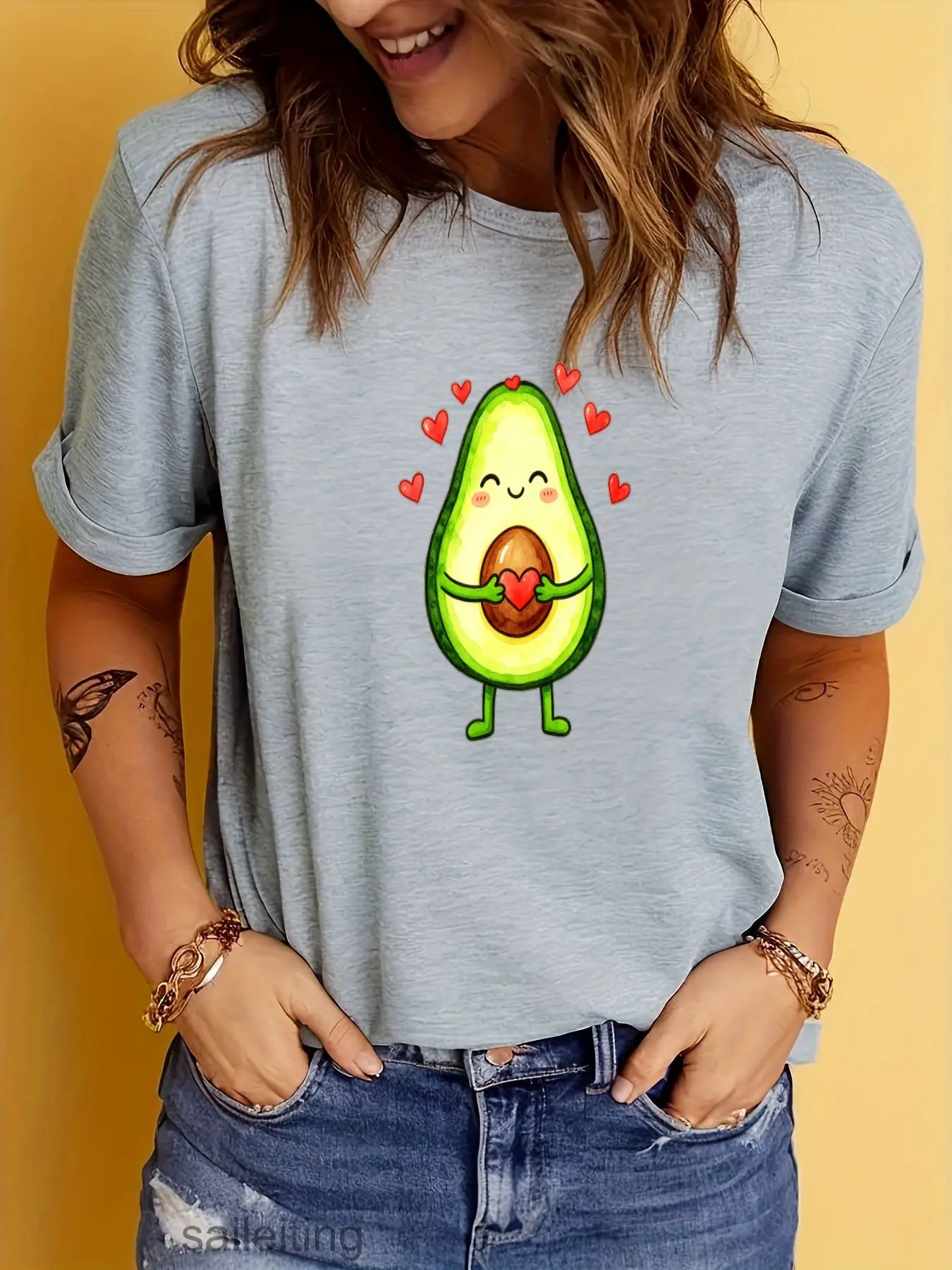 Cute Cartoon Avocado Hugging Pit with Hearts Short Sleeve T-Shirt for Women Men - Soft Breathable Summer Casual Tee, Funny Fr