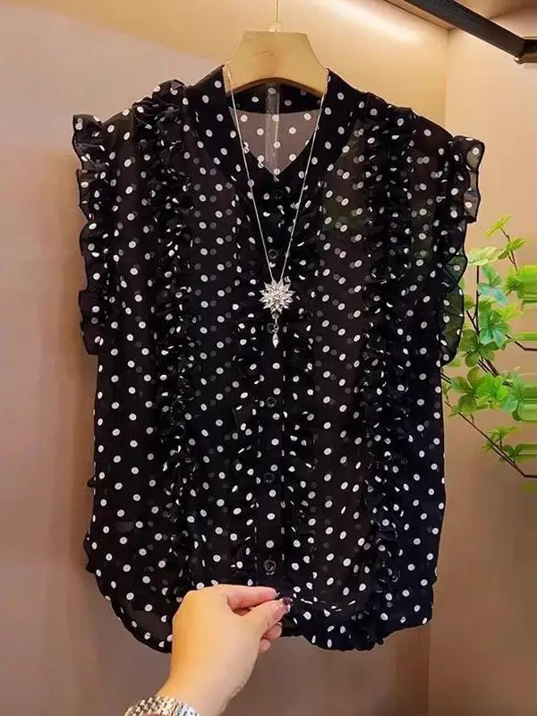 

plus Size Summer Polka Dot Design Casual Cover up Slimming Trendy Chiffon Shirt Knot Loose Fit round Neck Sleeveless