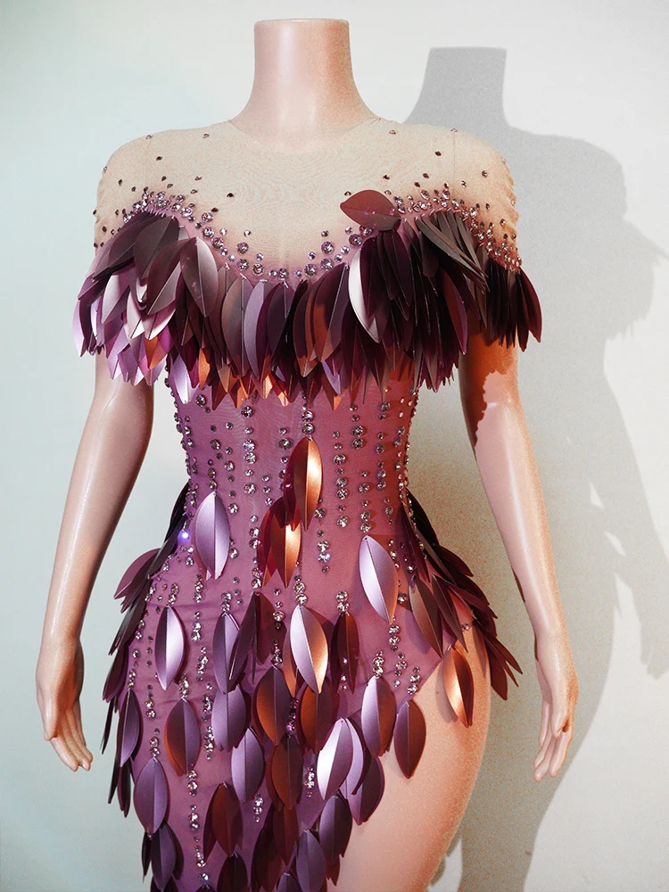 Sexy Female Mesh See-through 3D Diamond Tight Dress High-end Birthday Dinner Party Wear Nightclub Stage Performance Clothing
