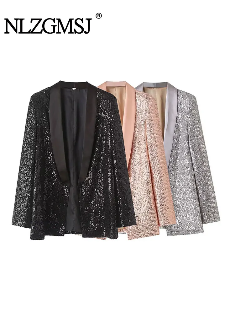 TRAF 2024 Spring Shiny Sequins Patchwork Women Party Casual Jacket Long Sleeve Cardigan Blazer Female Top Y2K Coat