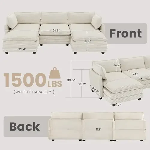 112'' Sectional Modular Cloud Couch, Oversized 5 Seat Couches U Shaped Sofa with 2 Movable Ottomans, 2 Throw Pillows