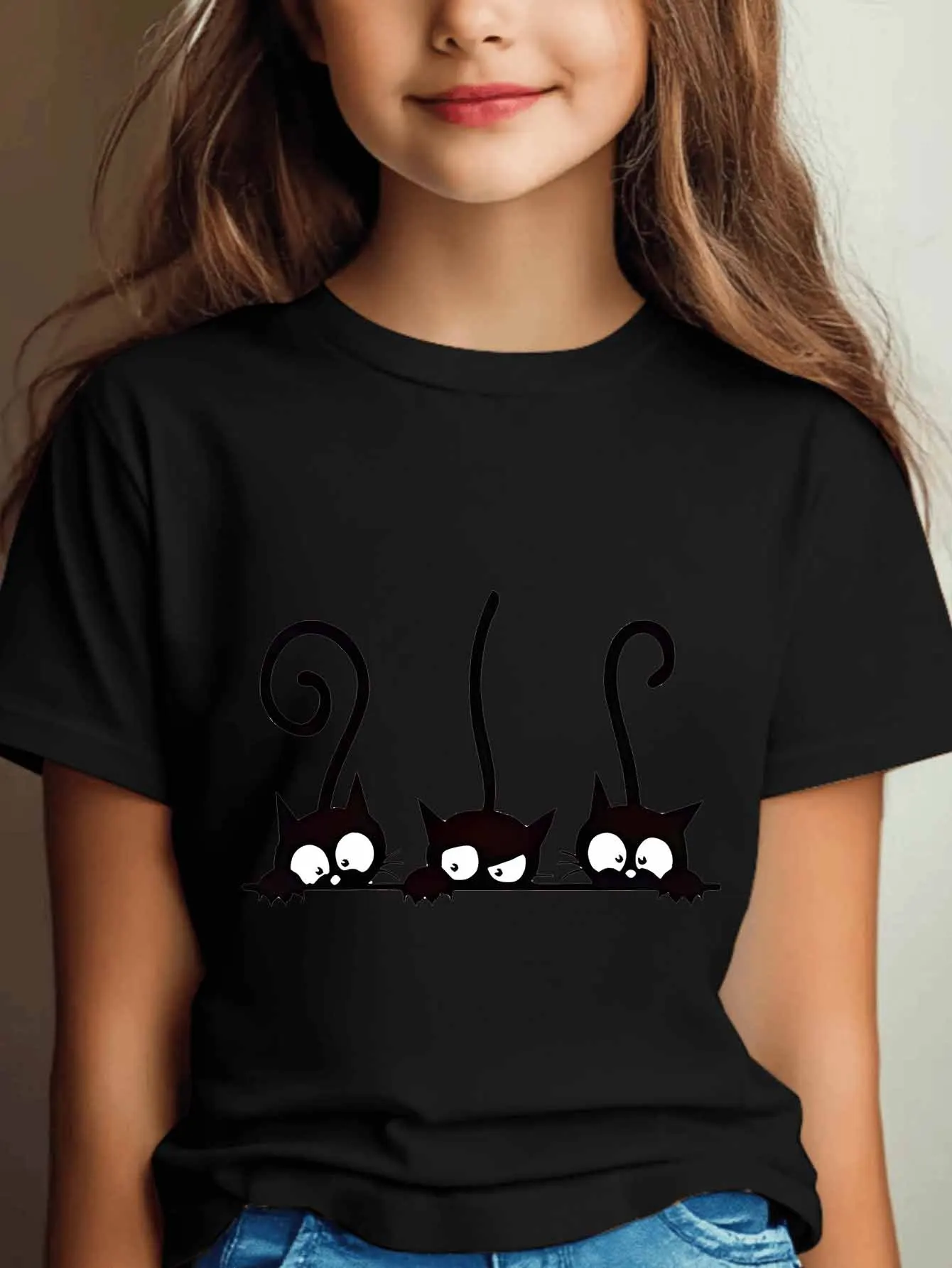 Three Black Cat Print Kids Cotton T Shirt Boys Girls Parent Child Matching Short Sleeve Casual Breathable Family Fashion Tees