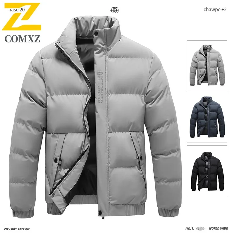 

Men's Korean Style Winter Jacket Thickened Cotton Hooded Sports Coat Warm Casual Outerwear Solid Color Male Parka with Pockets