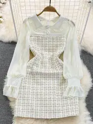 Korean Fashion Women Woolen Tweed Dress Autumn Winter Plaid Tweed Patchwork Chiffon Long Sleeve A Line Elegant Short Dress