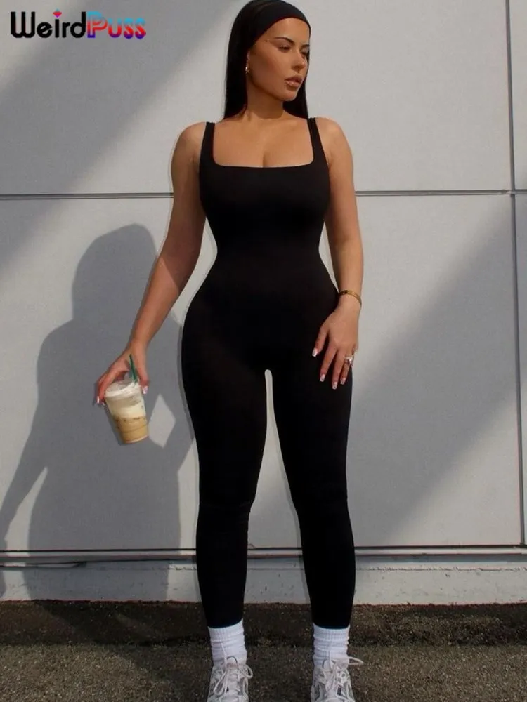 Weird Puss Skinny Sleeveless Women Jumpsuit One Pieces Low Chest Solid Summer Fashion Streetwear Club Sporty Overalls Bodycon