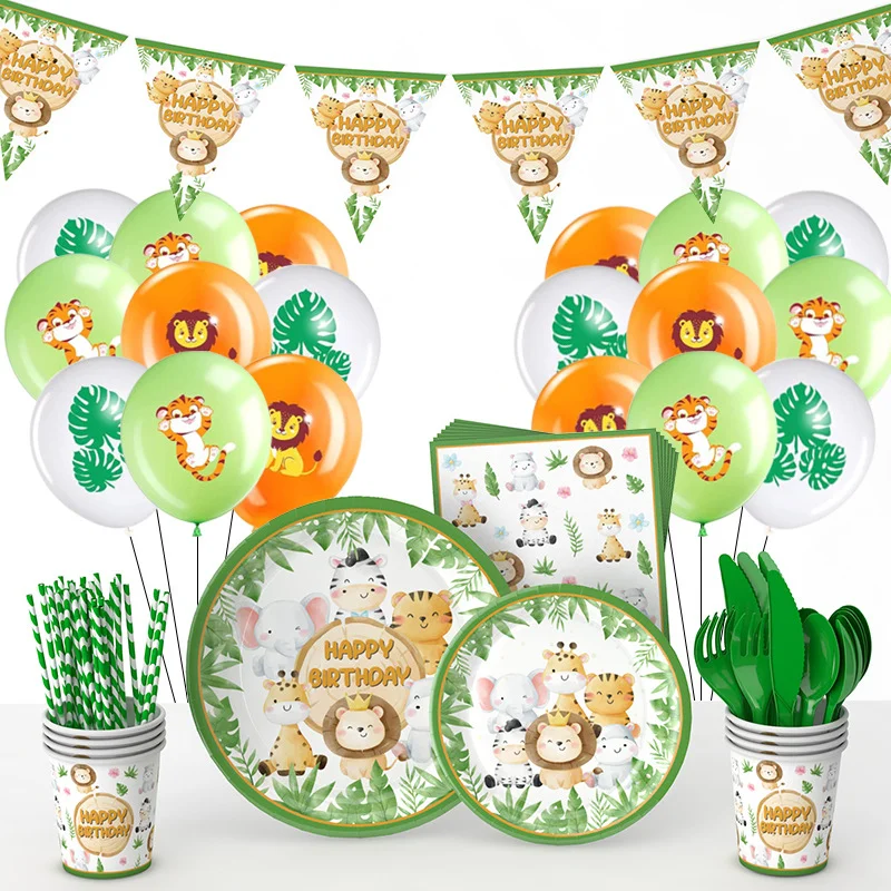 Decoração de Aniversário para Crianças, Selva Safari, Louça Temática Florestal, Copos de Papel Descartáveis, Prato, Banner, Número Balão, Presentes