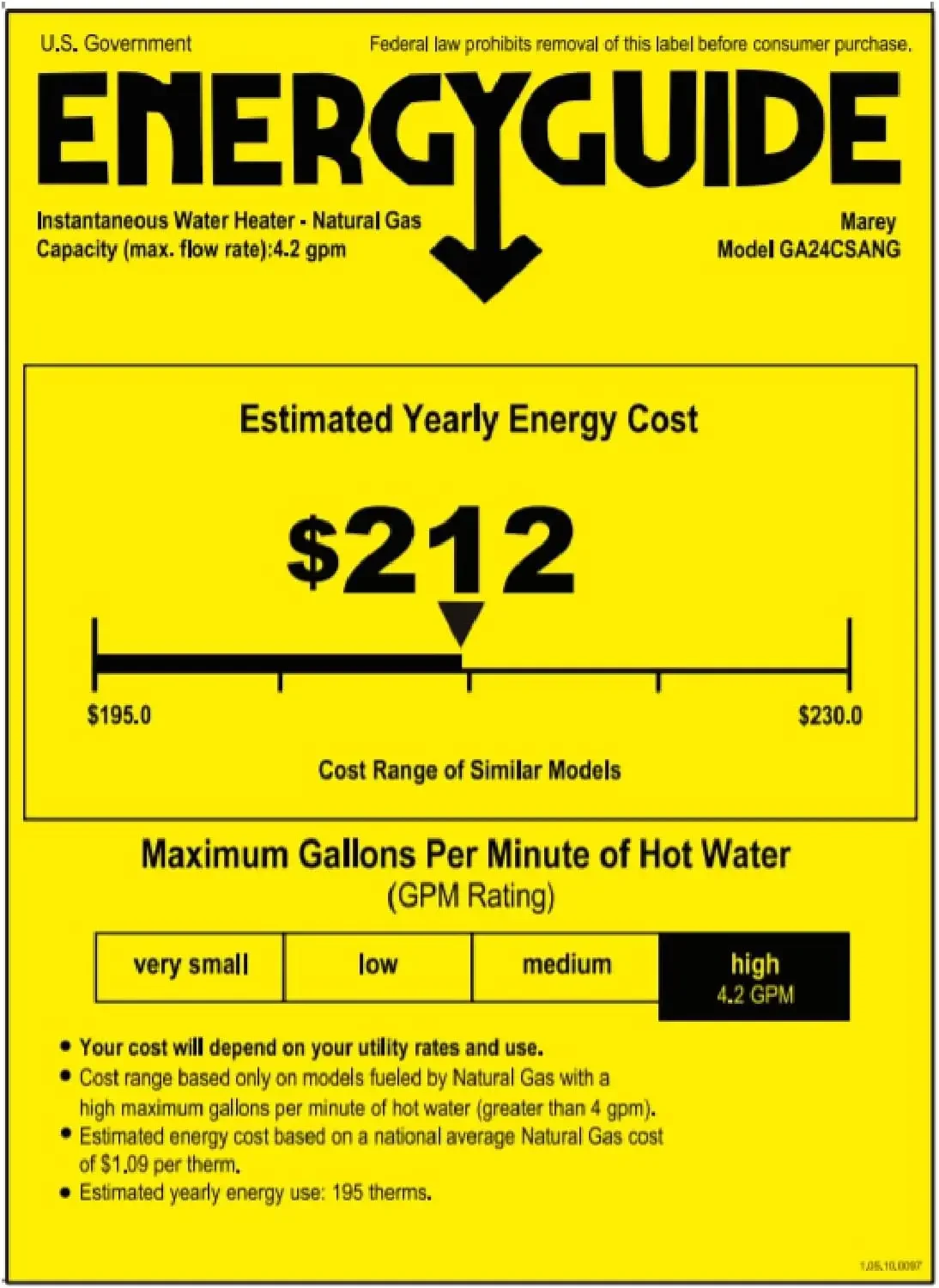 Calentador de agua sin depósito a gas, 7,5 GPM, 170.000 BTU, gas natural, certificado CSA, interior