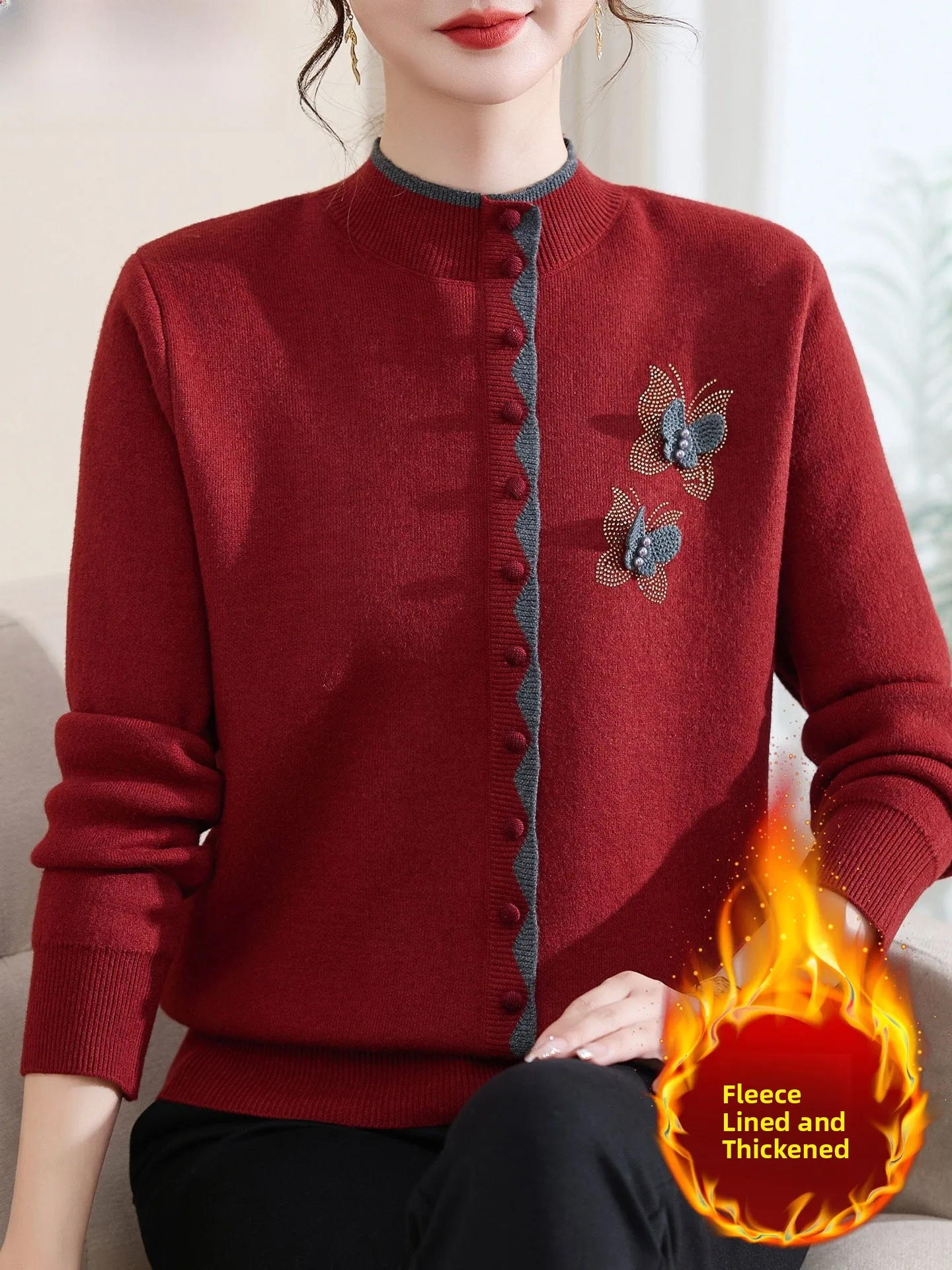 

Fashionable Mommy Winter Sweater Thickened Fleece Knitted Base Shirt Middle Aged And Elderly Women's Warm Style Top