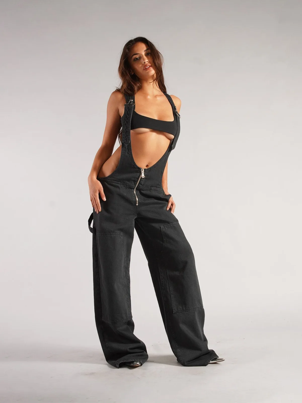 Niedrige Taille, Schultergurt, weites Bein, Jeans für Damen, Faion Blue Denim-Hose, niedrige Leibhöhe, weites Bein, Hose mit Riemen, Herbstsaison