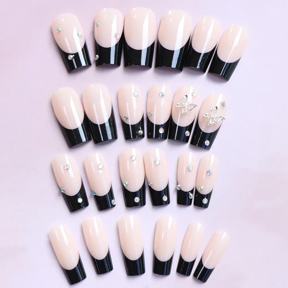 24pcs black Ballet  long press on nails  French Rhinestone 3D Butterfly Decor press on nails sweet  tip press on fake nails