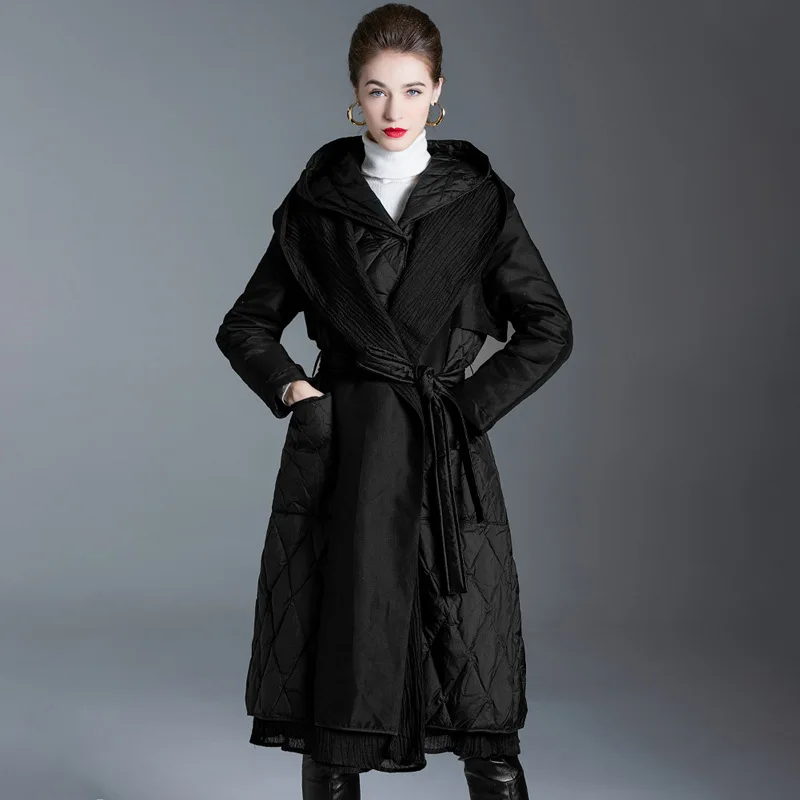 

Luxury High Quality Down Long Trench Coat Patchwork Hooded White Duck Down Coat Women's Winter Warm Lightweight Slim Outerwear