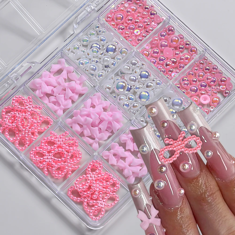 

12Grids 3D Pink Bowknot Nail Charms Dazzling Pearl Beads Ribbon Nail Art Decorations DIY Minimalism French Manicure Accessories
