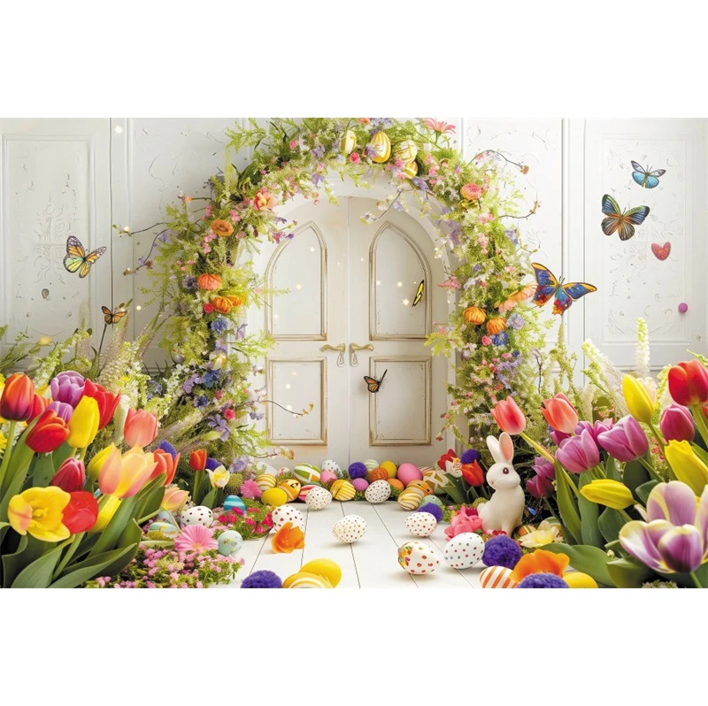 Spring Photo Backgound Easter Rabbits Fence Flowers Courtyard Eggs Kids Birthday Family Party Decor Photography Backdrop Props