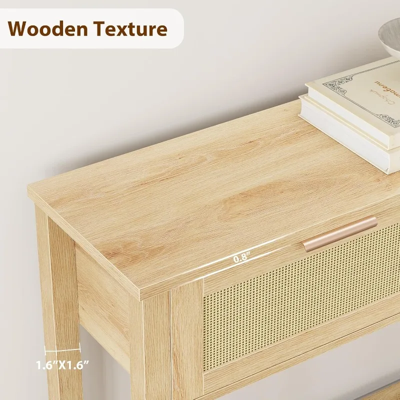 Rattan Entryway Table, Boho Console Table with Drawers, 2 Tier Sofa Table with Storage, Wooden Console Table for Entryw