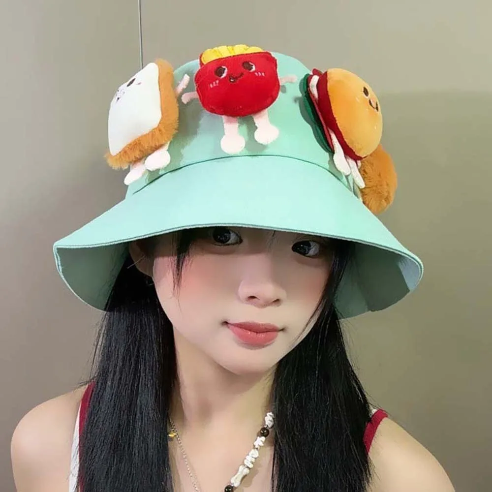 

Breathable Sunscreen Basin Cap Wide-Brimmed Adjustable Hamburger Fisherman Hat Polyester Plush Doll Cartoon Sunshade Hat Spring
