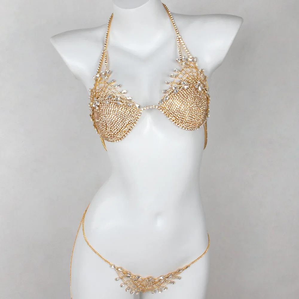 New Exaggerated Rhinestone Body Chains Female Personality Pattern Inlaid Nightclub Sexy Bikini Bra Set